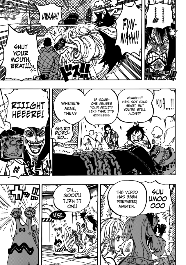 One Piece chapter 675 - Law knocked unconscious after his 'heart" was hit by Caesar