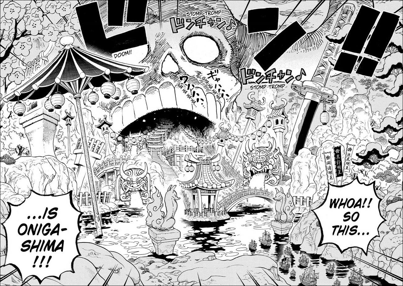 One Piece chapter 978 - Onigashima Island with the massive Ancient Giant skull and the massive blade stuck in the ground