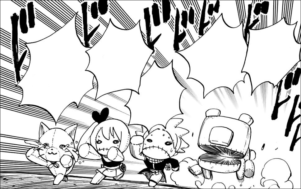 Fairy Tail: 100 Years Quest Chapter 95 - Natsu, Lucy and Happy in plush forms run from a plush dog