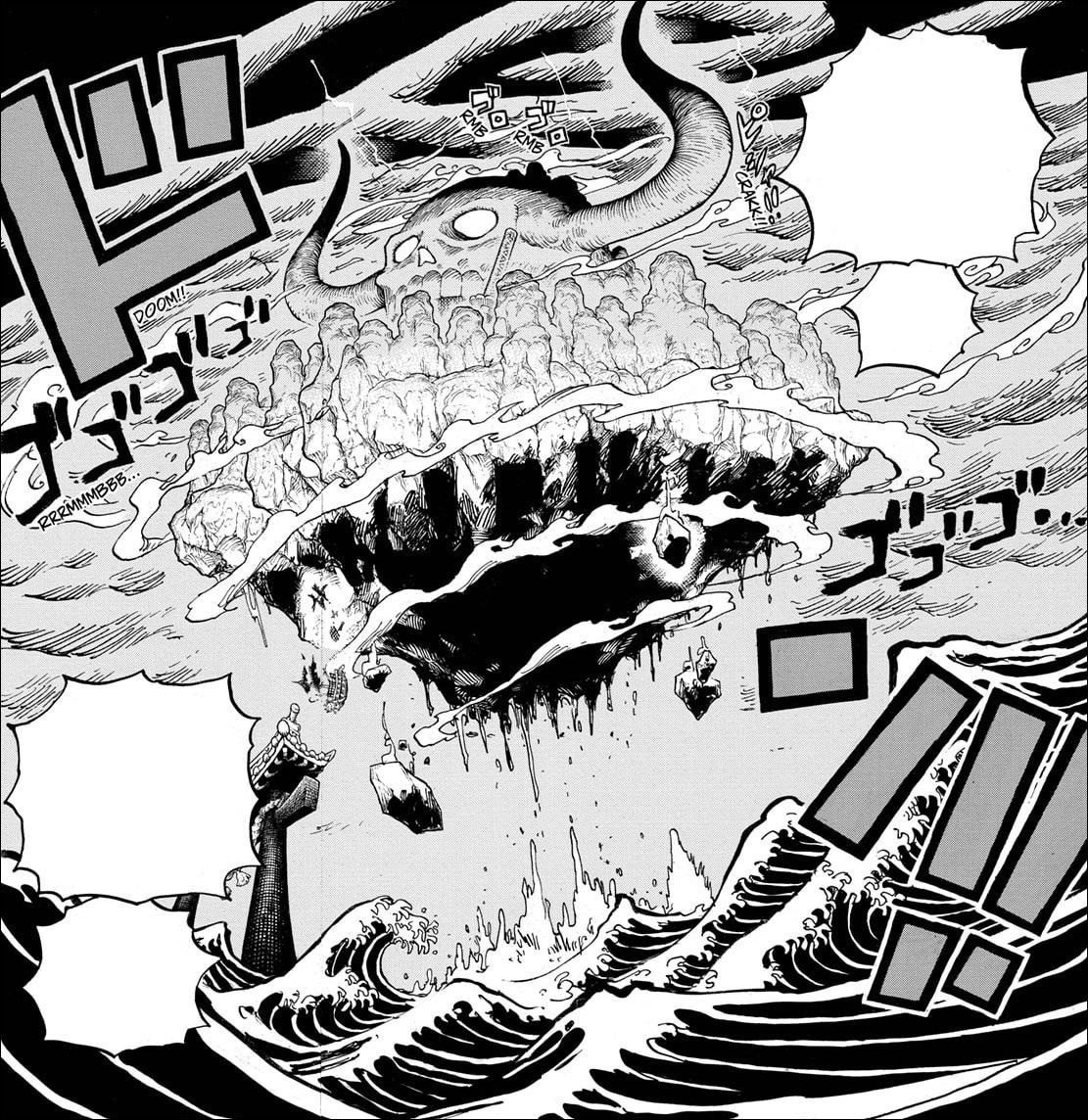 One Piece chapter 997 - Kaido lifts Onigashima Island up into the sky with his flame clouds