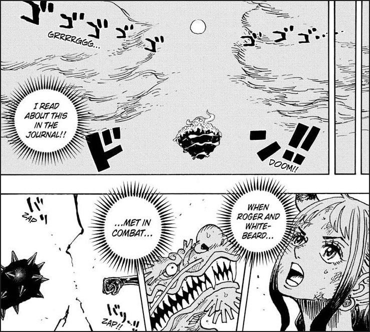 One Piece Chapter 1027 - Yamato recognises Luffy and Kaido spliting the sky with their Haki to the entry Oden noted about Roger and Whitebeard